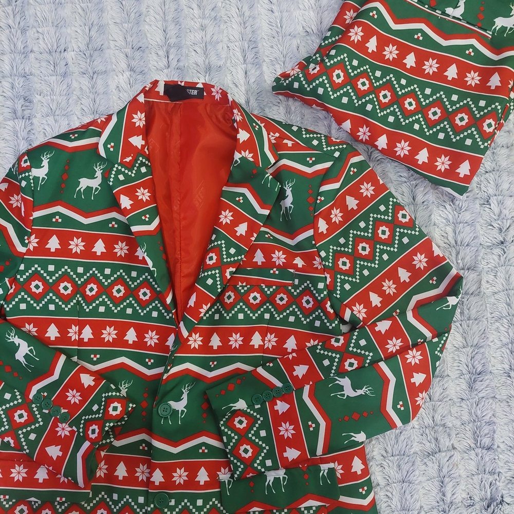 Festive Green and Red Blazer with Reindeer Pattern Large 42-44